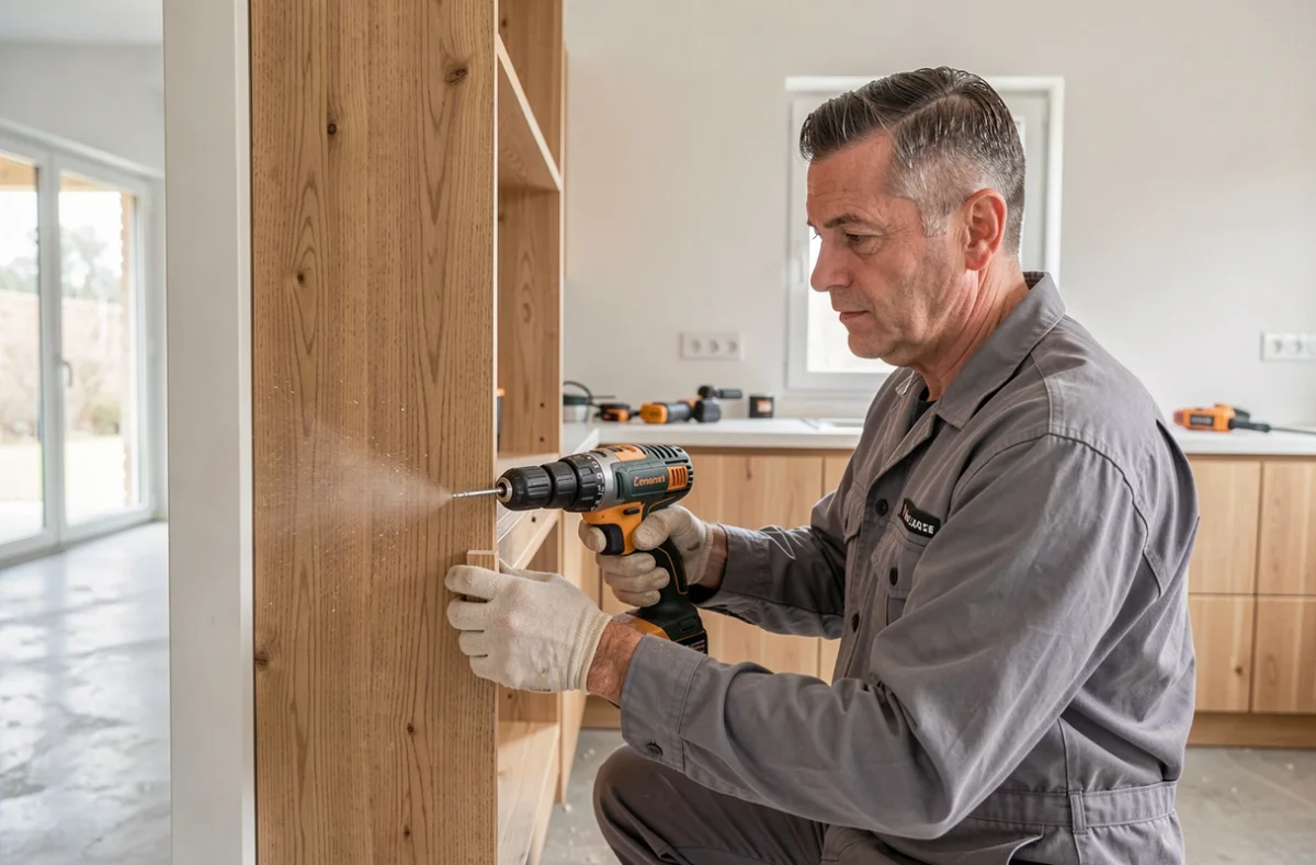 Menuisier de RT Agencement installant des meubles de cuisine sur mesure en Corrèze