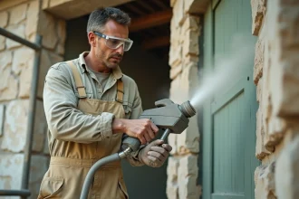 Artisan réalisant un sablage sur un mur extérieur en pierre avec une machine à sablage professionnelle