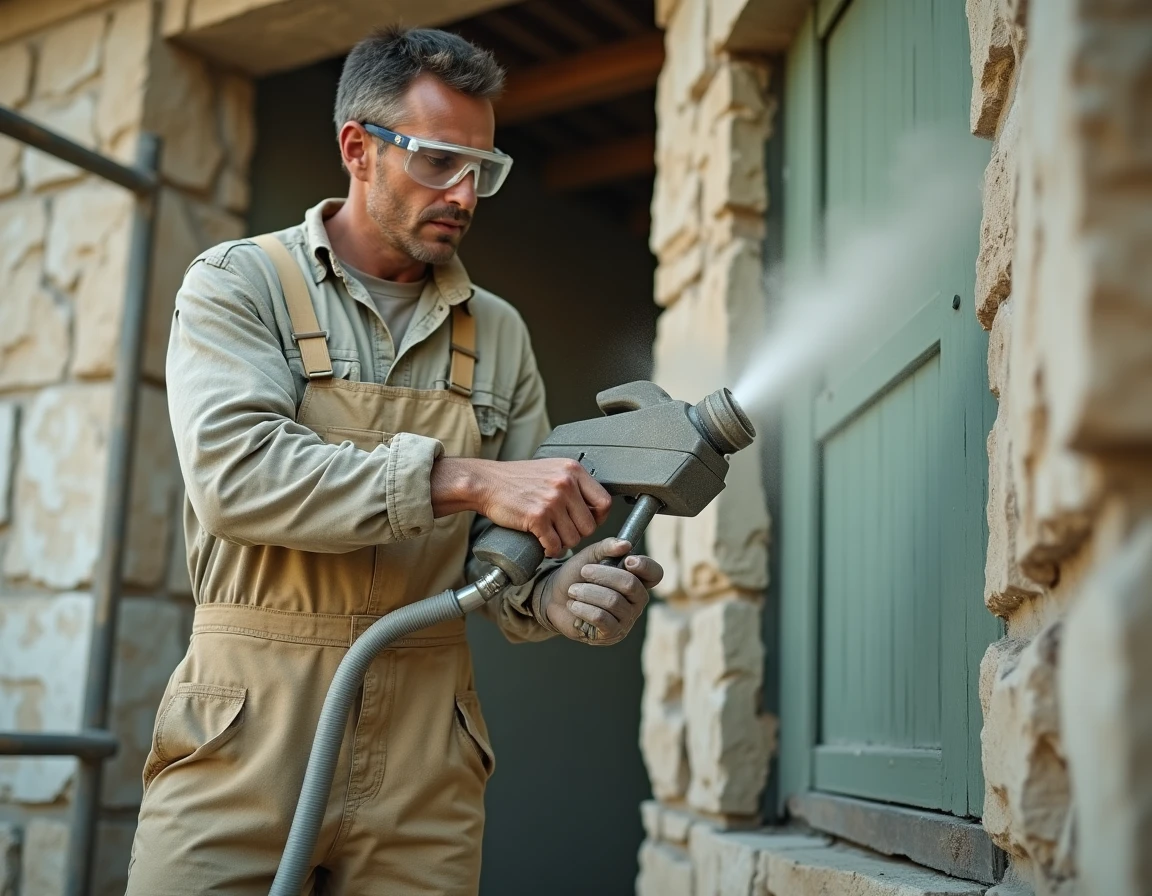 Artisan réalisant un sablage sur un mur extérieur en pierre avec une machine à sablage professionnelle