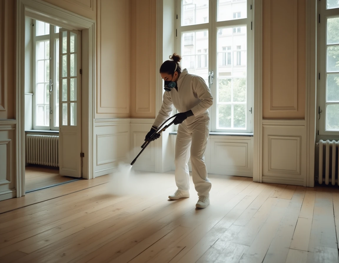 Spécialiste en rénovation intérieure sablant un parquet en bois ancien dans un appartement haussmannien