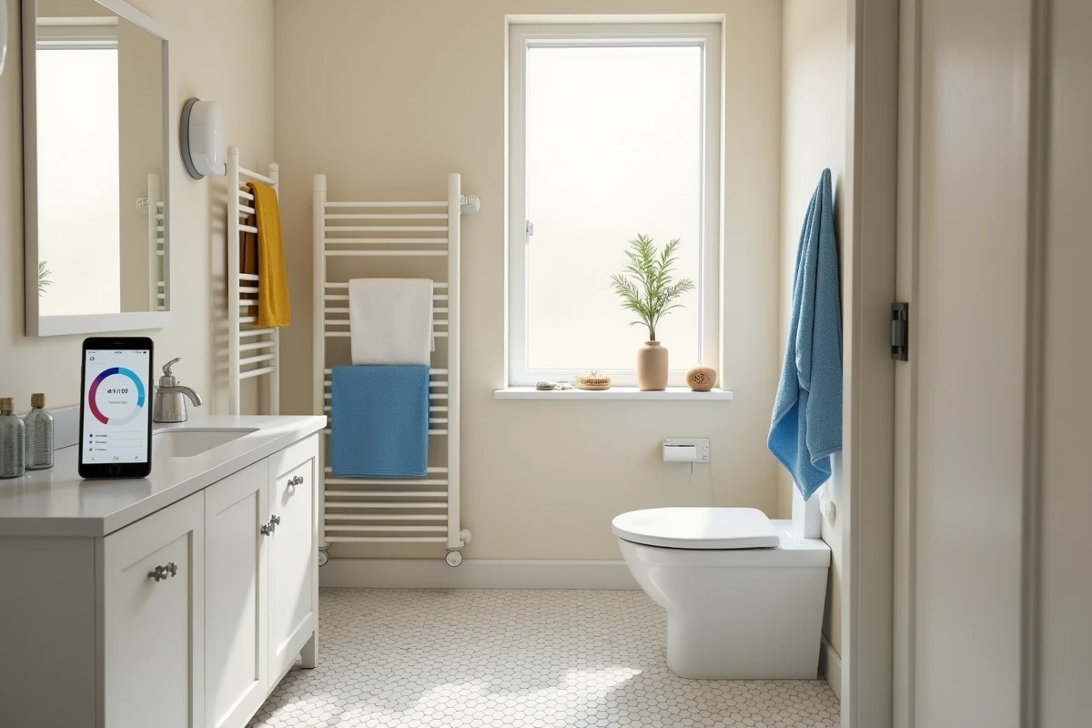 Vue large d'une salle de bain familiale avec sèche-serviette électrique soufflant et application smartphone de programmation des économies d'énergie