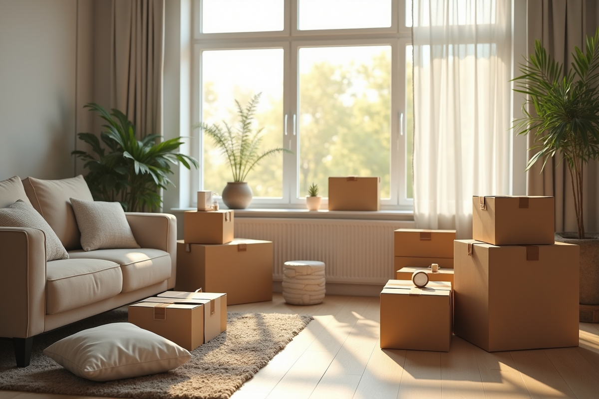 Salon moderne avec caisses de déménagement et lumière naturelle