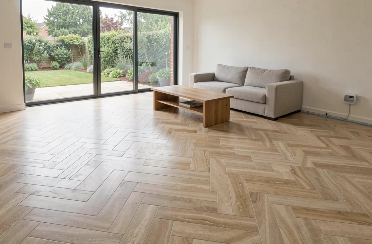 Salon moderne avec sol en carrelage chevron beige sur plancher chauffant, thermostat mural et baie vitrée donnant sur jardin