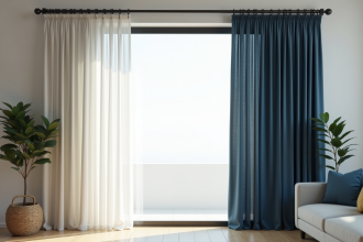 Salon moderne avec rideaux en voile blanc et velours bleu fonce
