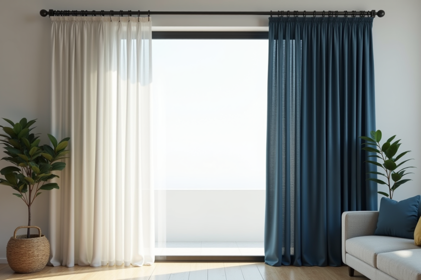 Salon moderne avec rideaux en voile blanc et velours bleu fonce