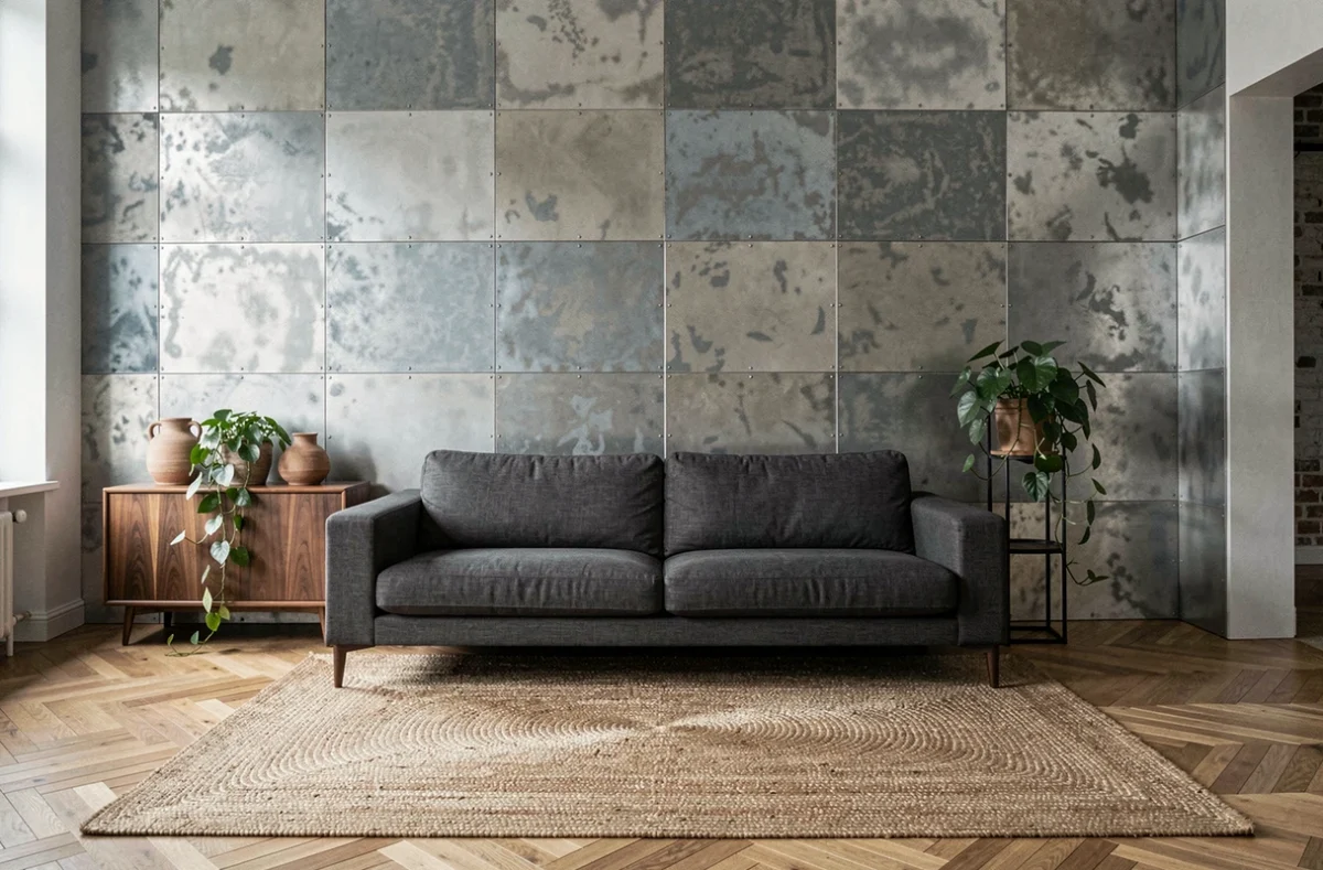 Salon au style industriel chaleureux avec mur en zinc patiné, canapé en lin gris et parquet chêne en chevrons