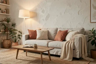 Salon cosy avec lampe blanc chaud et canapé en lin crème, ambiance douce et chaleureuse