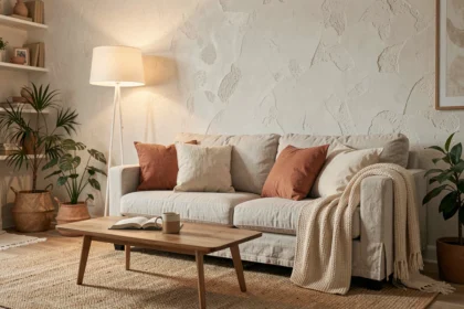 Salon cosy avec lampe blanc chaud et canapé en lin crème, ambiance douce et chaleureuse
