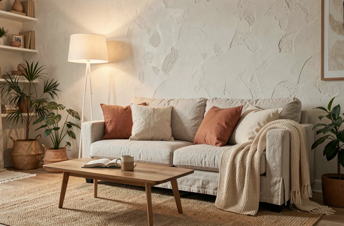 Salon cosy avec lampe blanc chaud et canapé en lin crème, ambiance douce et chaleureuse