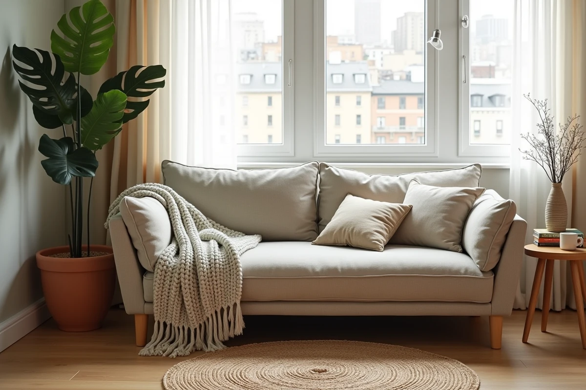 Coin salon d'un appartement en location aménagé avec des meubles confortables, une plante verte et des accessoires décoratifs naturels