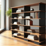 Salon moderne avec étagère stabilisée par caoutchouc