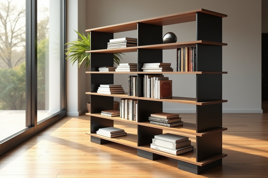 Salon moderne avec étagère stabilisée par caoutchouc