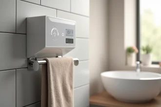 Sèche-serviette électrique blanc avec programmateur numérique installé sur un mur de carrelage gris dans une salle de bain moderne
