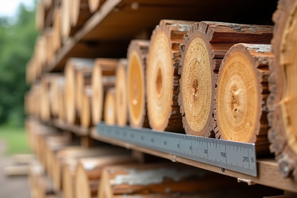 Sections de bastaings et madriers en bois empilés dans un dépôt de matériaux de construction