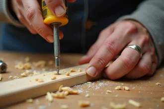 Main d'homme tenant un tournevis à plat au-dessus d'une vis en bois pour illustrer le sens de vissage