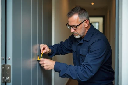 Serrurier professionnel inspectant une porte blindée avant de percer, tenant un mètre ruban dans un couloir résidentiel