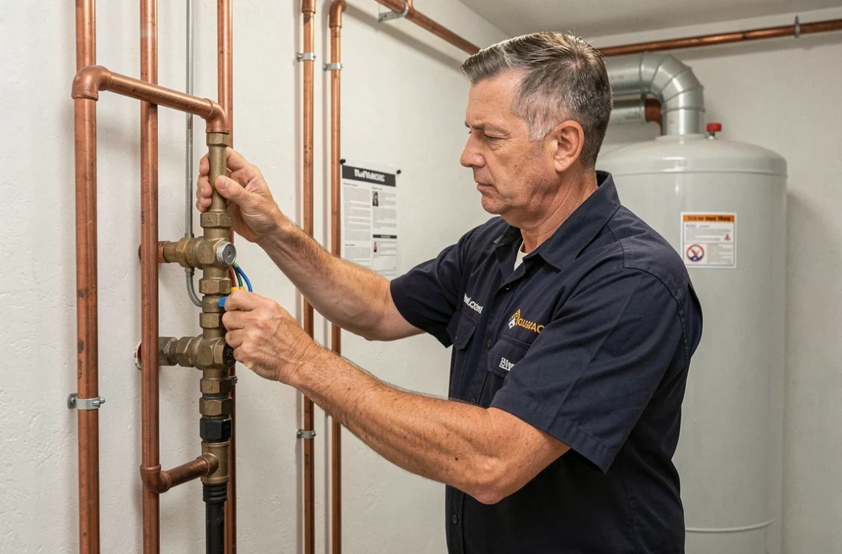 Professionnel de Sidec Chauffage Plomberie testant la pression hydraulique d'un circuit de pompe à chaleur dans une chaufferie résidentielle normande