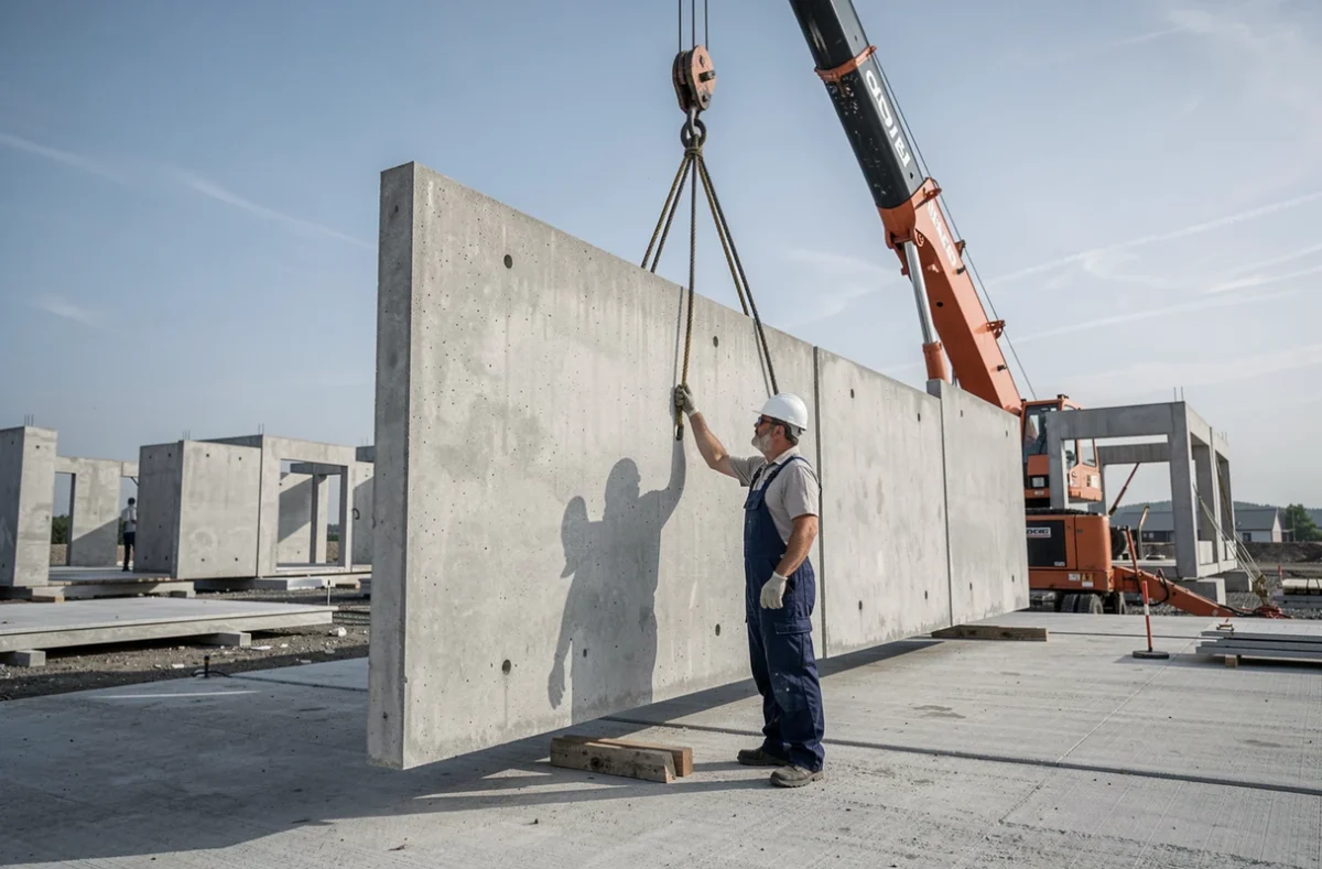 Ouvrier de la Société Générale de Préfabrication supervisant la pose de panneaux préfabriqués en Corrèze