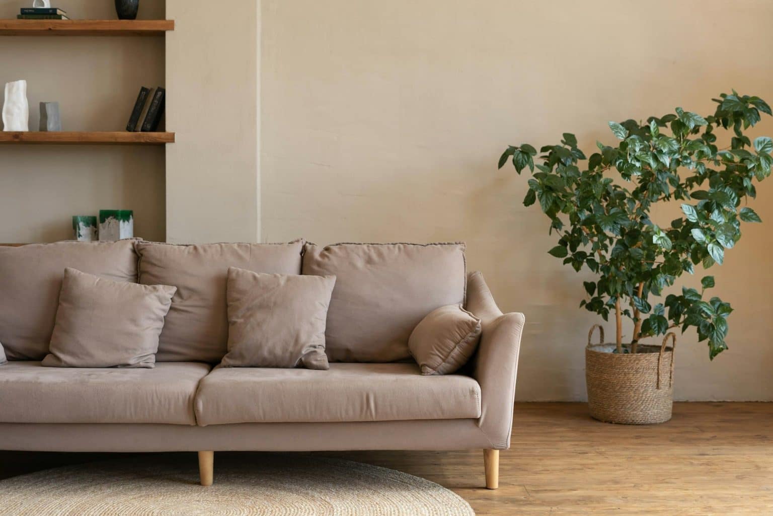 Canapé beige sur un tapis rond en macramé dans un salon chaleureux