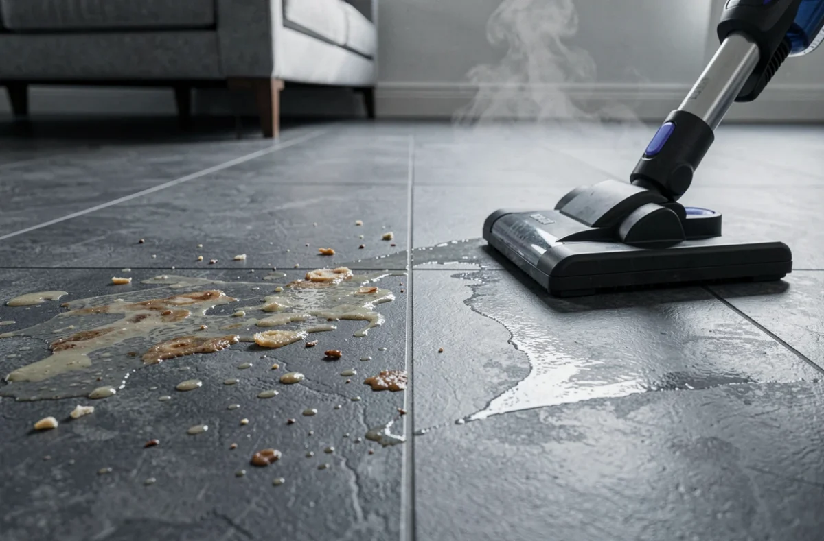 Gros plan d'un sol carrelé montrant le contraste entre une zone grasse et une zone nettoyée par un aspirateur laveur à eau chaude