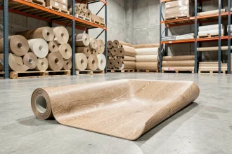 Rouleau de sol PVC déroulé dans un entrepôt montrant la texture bois beige réaliste avec d'autres rouleaux en arrière-plan