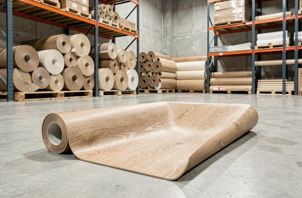 Rouleau de sol PVC déroulé dans un entrepôt montrant la texture bois beige réaliste avec d'autres rouleaux en arrière-plan