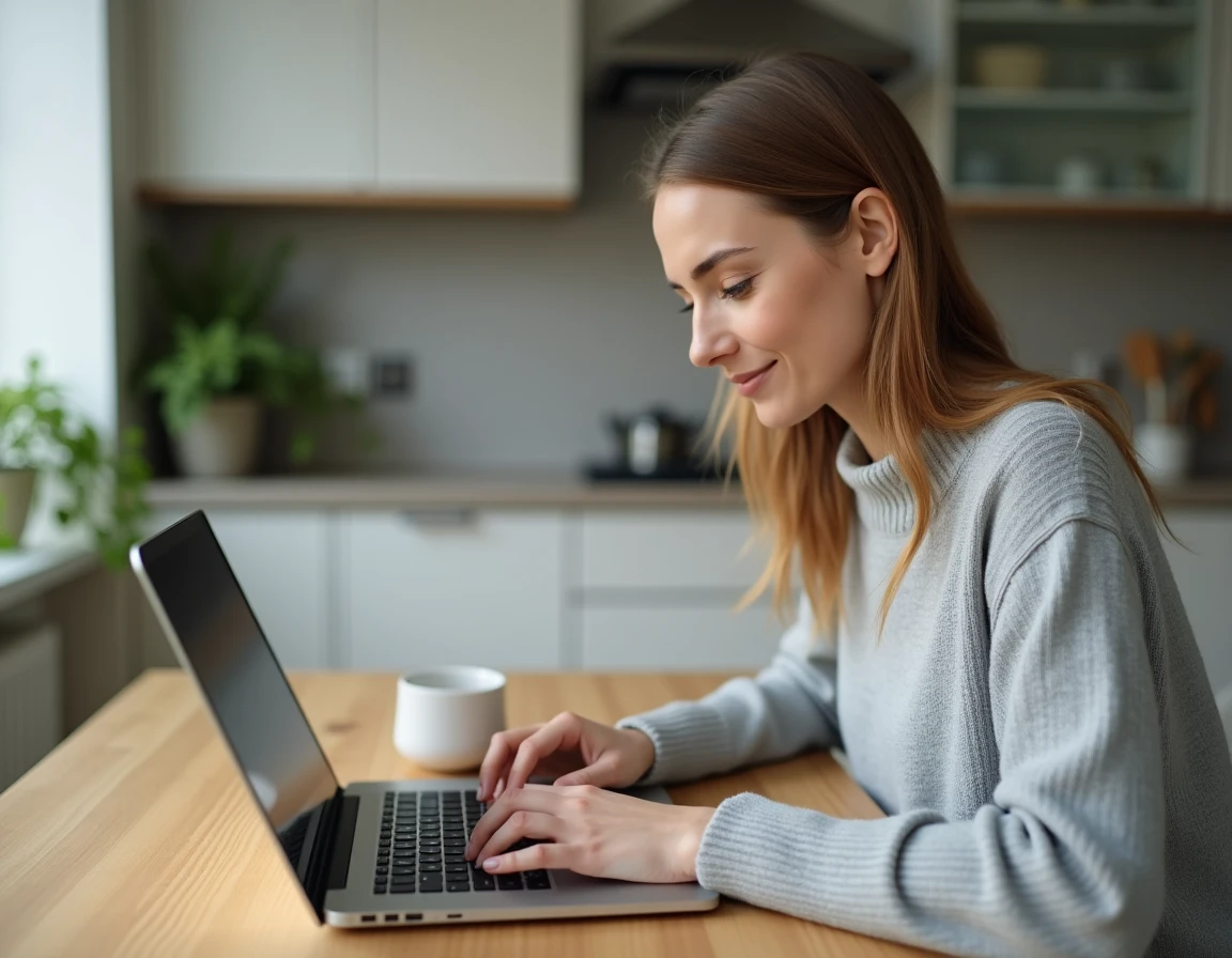 Femme souscrivant une assurance habitation en ligne sur son ordinateur portable dans une cuisine moderne