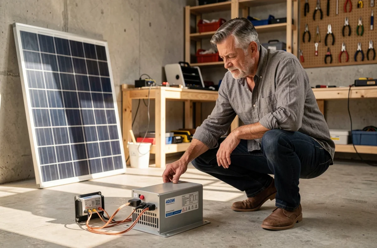 Homme inspectant un système solaire 400W avec batterie et onduleur dans un atelier
