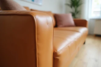 Tache en auréole et rayure visible sur un canapé en cuir aniline caramel, détail macro réaliste