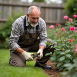 Homme taillant un rosier dans un jardin verdoyant