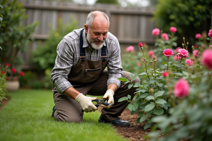 Homme taillant un rosier dans un jardin verdoyant