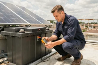 Technicien inspectant une batterie AGM connectée à un panneau solaire 300W sur une terrasse résidentielle