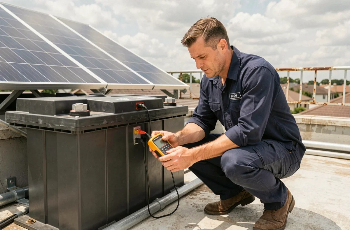 Technicien inspectant une batterie AGM connectée à un panneau solaire 300W sur une terrasse résidentielle