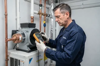 Technicien HVAC inspectant le circulateur d'une pompe à chaleur Daikin dans une chaufferie