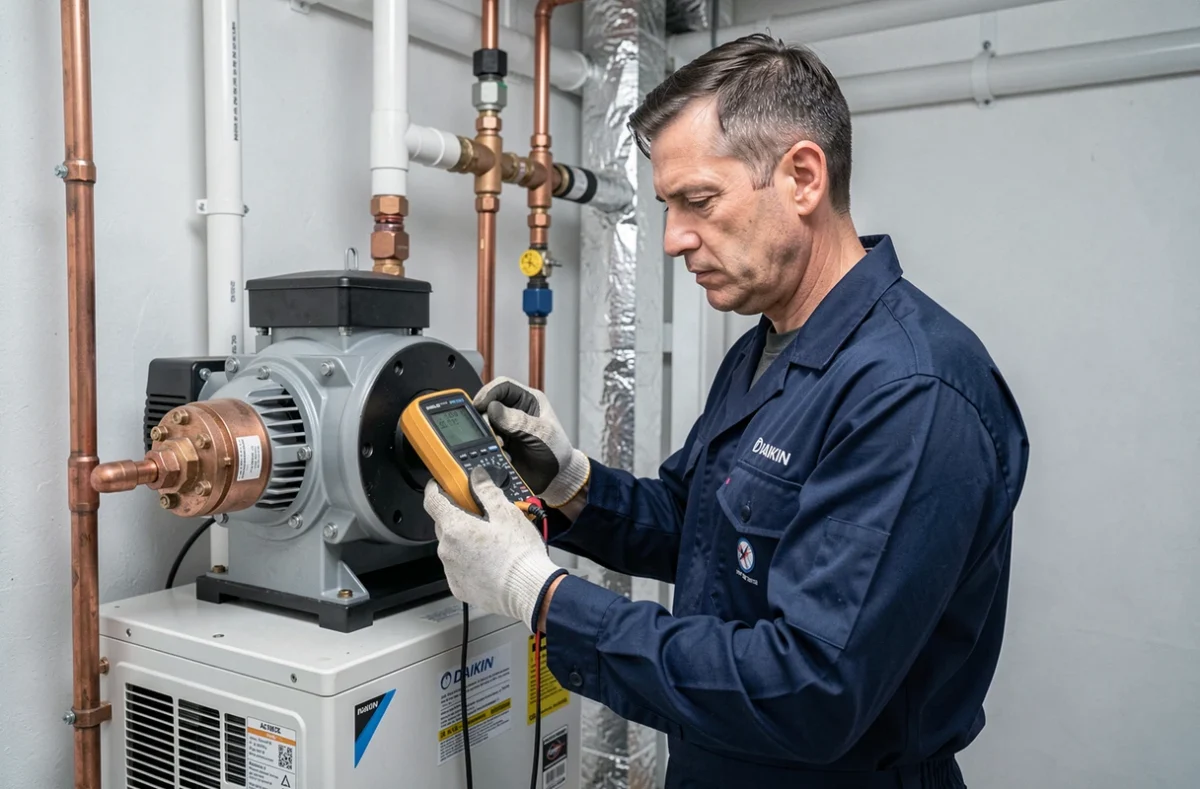 Technicien HVAC inspectant le circulateur d'une pompe à chaleur Daikin dans une chaufferie