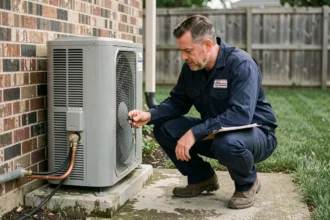 Technicien CVC inspectant une pompe à chaleur extérieure installée sur dalle béton dans un jardin résidentiel