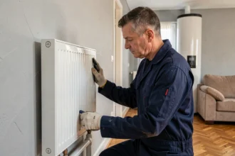 Technicien inspectant un radiateur à panneau blanc dans un salon moderne équipé d'une pompe à chaleur