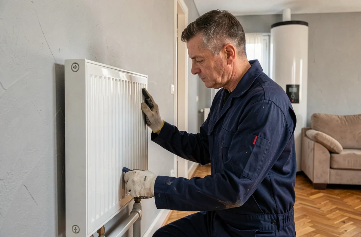 Technicien inspectant un radiateur à panneau blanc dans un salon moderne équipé d'une pompe à chaleur