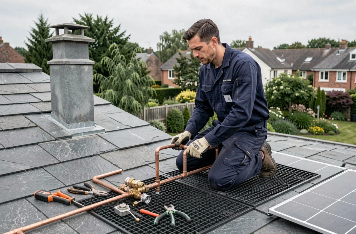Technicien installant un kit chauffe-eau solaire 50 litres sur un toit de maison résidentielle