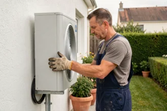 Technicien inspectant une pompe à chaleur air-air installée sur la façade d'une maison individuelle en France