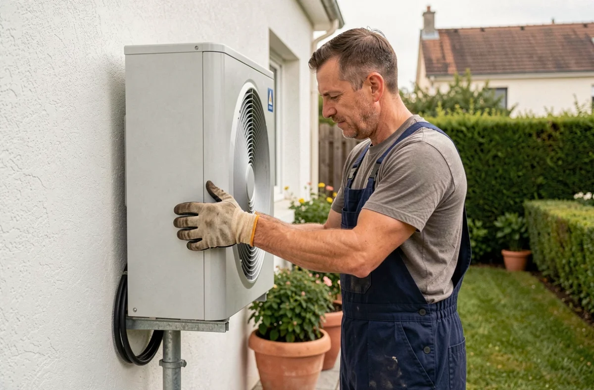 Technicien inspectant une pompe à chaleur air-air installée sur la façade d'une maison individuelle en France
