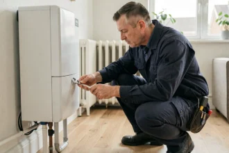 Technicien inspectant une pompe à chaleur murale à côté d'un radiateur en fonte dans un salon résidentiel