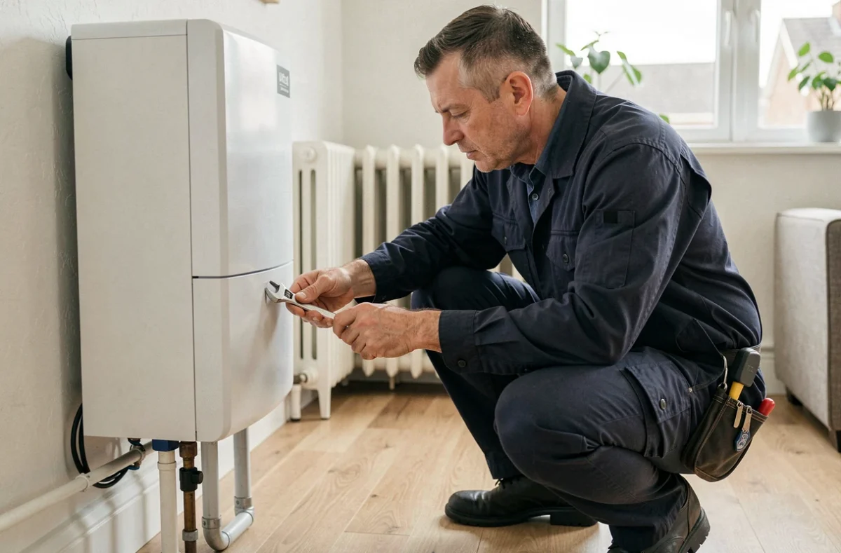 Technicien inspectant une pompe à chaleur murale à côté d'un radiateur en fonte dans un salon résidentiel