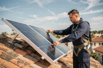 Technicien solaire ajustant l'angle d'inclinaison d'un panneau photovoltaïque sur un toit résidentiel