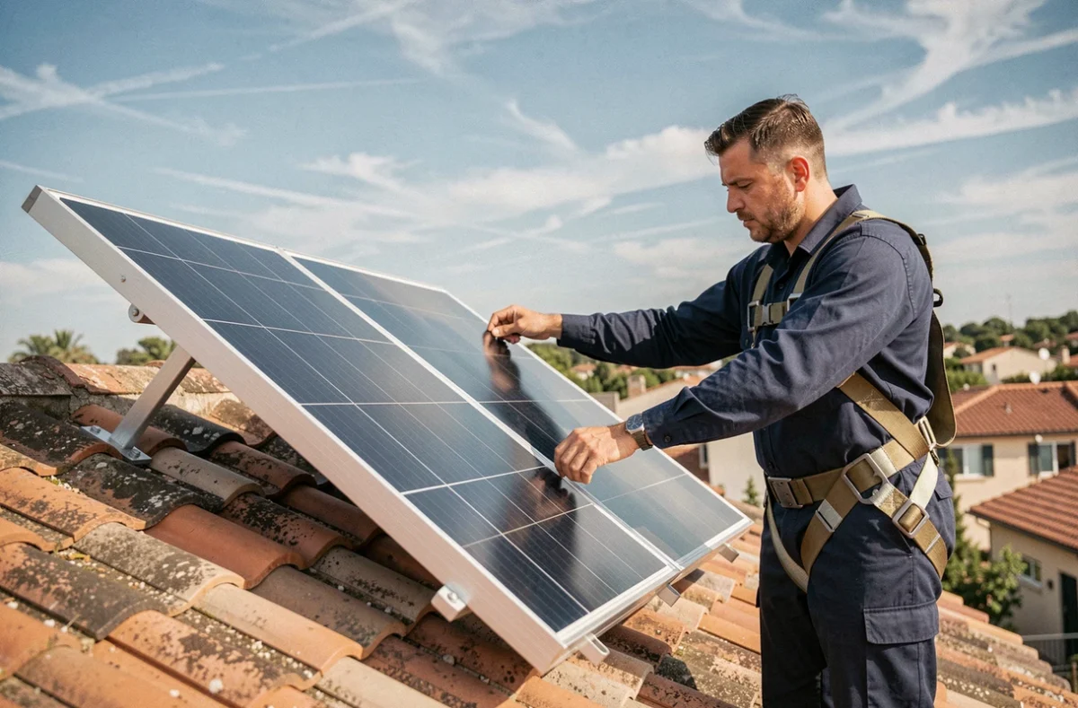 Technicien solaire ajustant l'angle d'inclinaison d'un panneau photovoltaïque sur un toit résidentiel