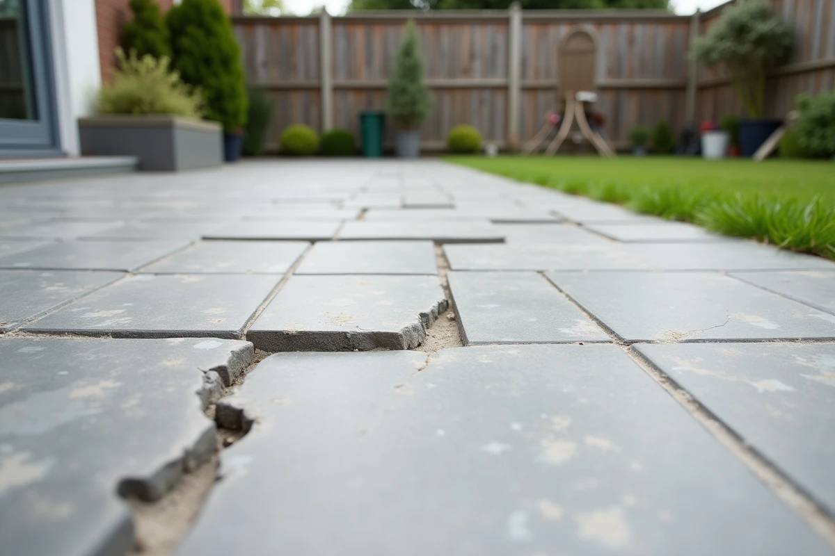 Terrasse carrelée avec carreaux fissurés et plots béton mal positionnés, erreur d'installation visible