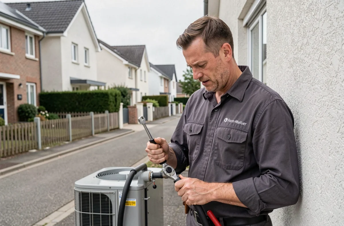 Technicien de Therm Inter fixant une ligne frigorifique de pompe à chaleur sur le mur d'une maison individuelle dans une rue résidentielle de Seine-Maritime