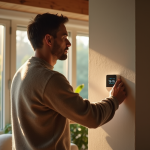 Homme d'âge moyen ajustant un thermostat moderne dans un salon chaleureux