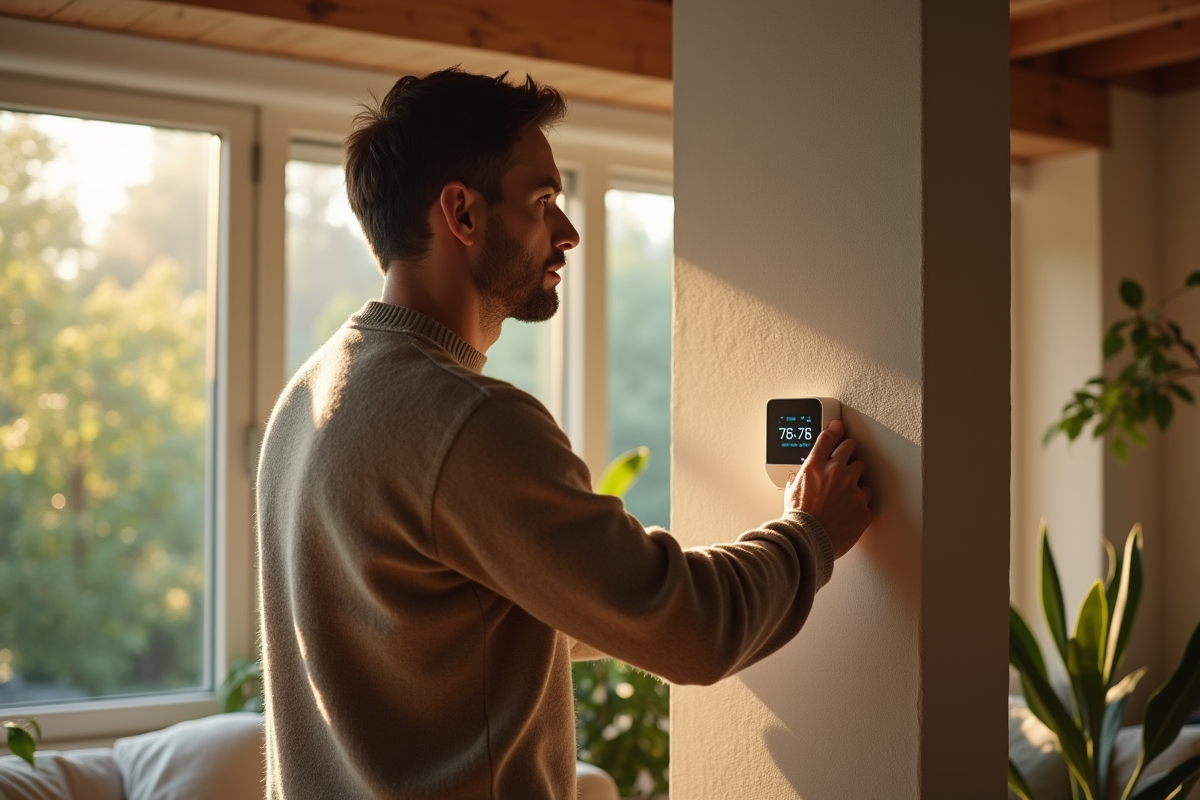 Homme d'âge moyen ajustant un thermostat moderne dans un salon chaleureux