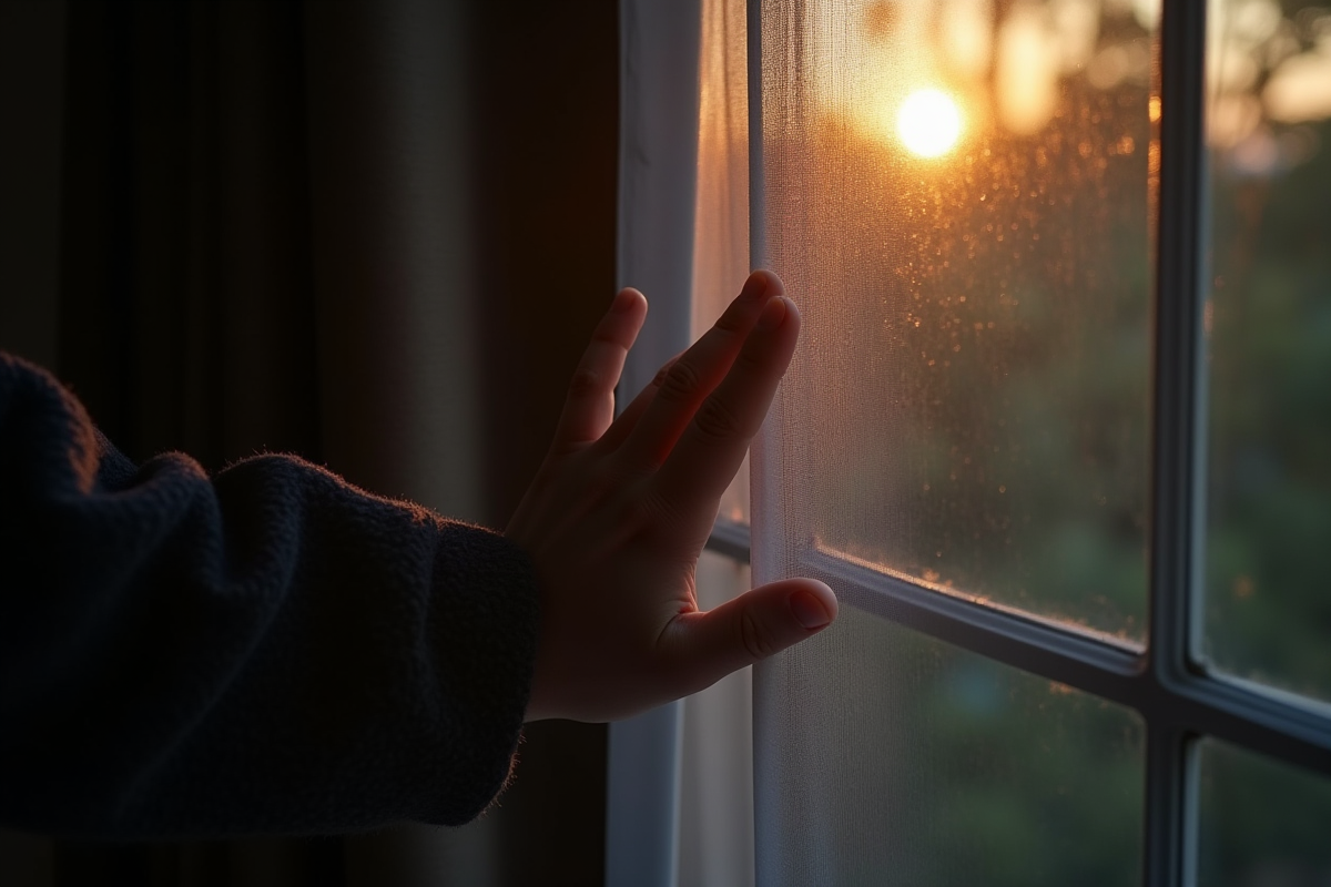 Main touchant tissu de rideau noir avec lumière naturelle en arrière-plan